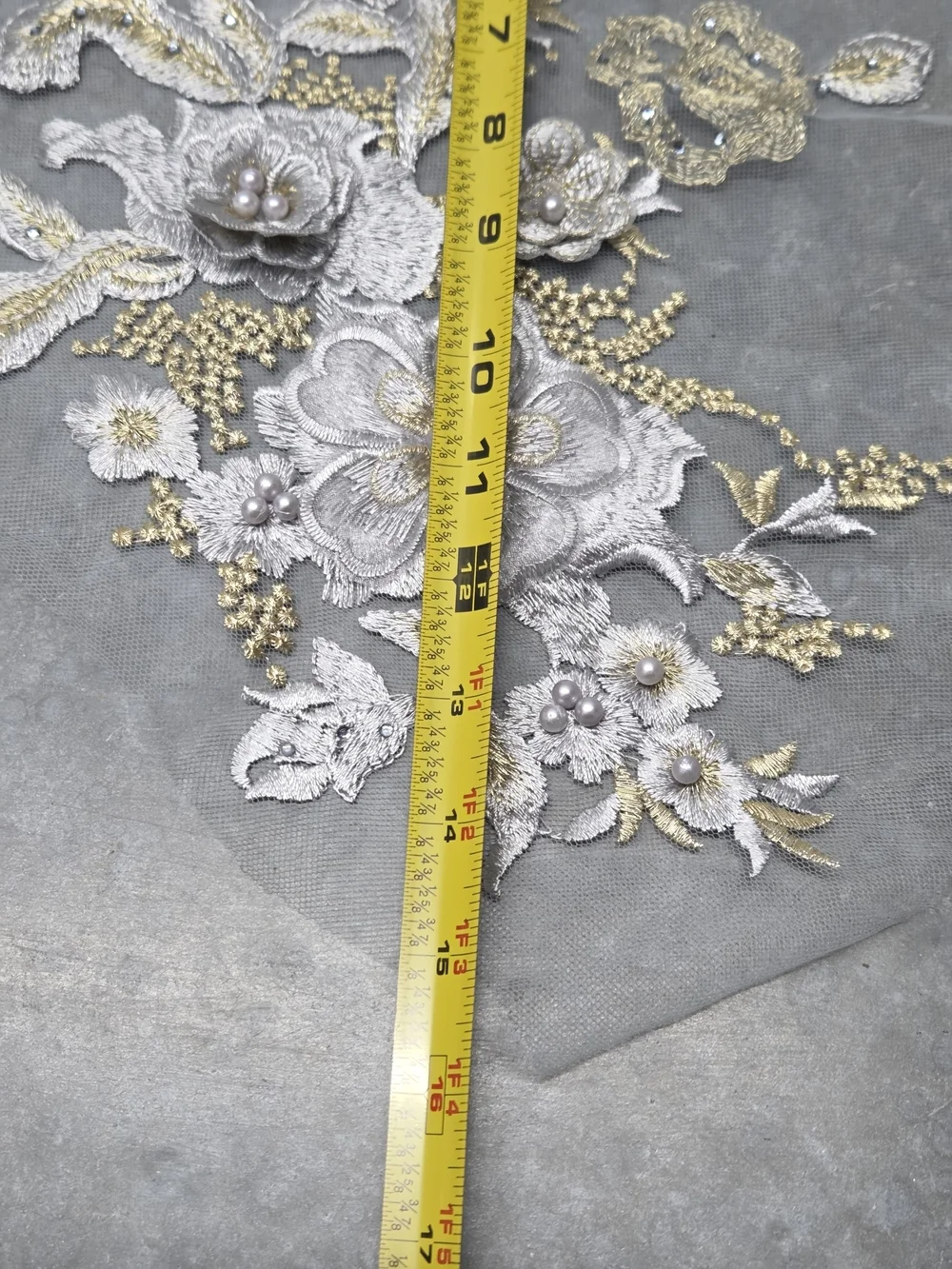 Floral Embroidered Applique Pair in Peach and Silver 3D